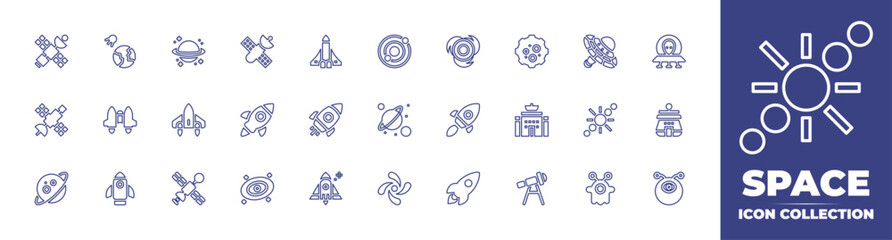 Space line icon collection. Editable stroke. Vector illustration. Containing satellite, space, space shuttle, astronomy, vortex, meteorite, space station, ufo, jetpack, rocket, planets, and more.
