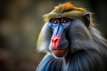 A close-up of a mandrill with striking facial coloration. The vibrant blue and red muzzle contrasts with its golden-brown fur. The blurred background highlights its expressive face and gaze.