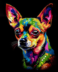 Portrait of Chihuahua dog colorful illustration on black background.. Generative AI.