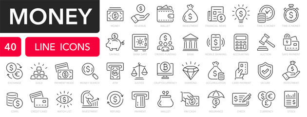 Money line icons set. Money payments elements outline icons collection. Payments elements symbols. Currency, money, bank, check, law, payment, wallet, piggy, balance, safe - stock vector. - obrazy, fototapety, plakaty