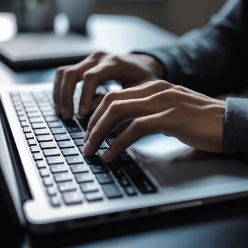 Close-up shot of hands typing on a laptop keyboard