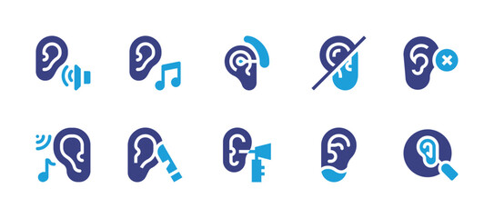 Ears icon set. Duotone color. Vector illustration. Containing sound, music, hearing aid, cant hear, deaf, ear. - obrazy, fototapety, plakaty