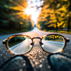 Óculos de grau no asfalto de uma estrada ao entardecer com uma luz dourada criado por IA - obrazy, fototapety, plakaty