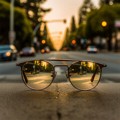 &Oacute;culos de grau no asfalto de uma estrada ao entardecer com uma luz dourada criado por IA