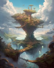 Imaginative scene of floating islands in the sky, connected by ethereal bridges and inhabited by mythical creatures