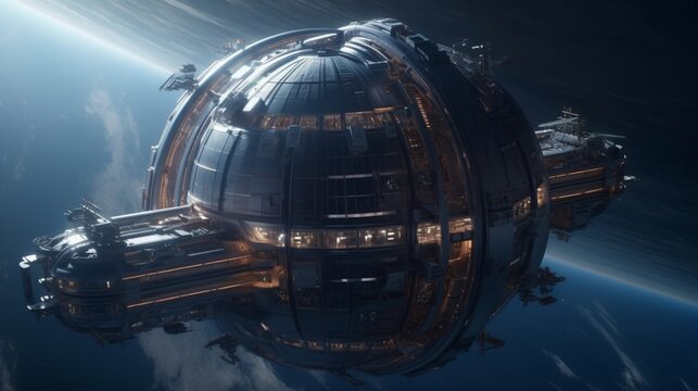 Futuristic space station orbiting a distant planet