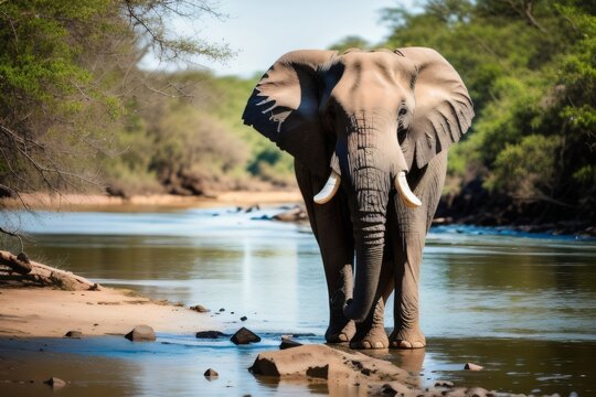 African forest elephant and the River. Generative AI