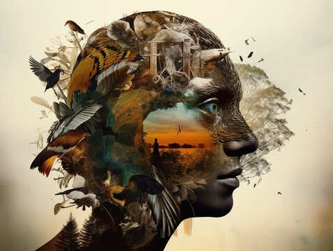 Digital collage blending nature, technology, and human form in thought-provoking way