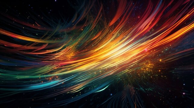 Abstract depiction of energy and motion with vibrant streaks of light and dynamic shapes in a cosmic setting