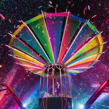 A surreal floating umbrella with confetti rain