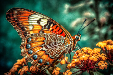 butterfly on flower with in retro vintage style and soft focus. Generative AI.