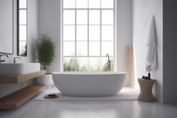 house bathtub wood window bathroom luxury interior architecture modern home white. Generative AI.