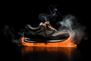 Running Shoe On Fire With Smoke Black Background With Copy Space Generative AI