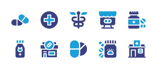 Pharmacy icon set. Duotone color. Vector illustration. Containing pharmacy, online pharmacy, medicine, pill.