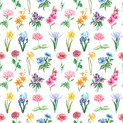 Flowers watercolor seamless pattern, digital paper. Spring, summer flowers. Blooming flowers. Bright colors. Herbarium. Floral background. For printing on textiles, fabrics, wrapping paper.