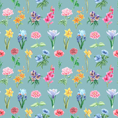 Flower herbarium watercolor seamless pattern, digital paper. Spring, summer flowers. Blooming flowers. Bright colors. Floral background. For printing on textiles, fabrics, wrapping paper.