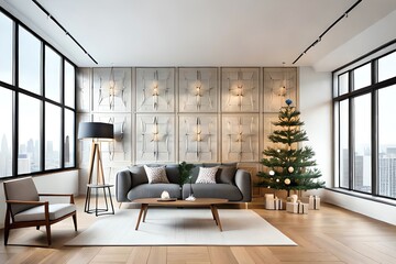 Minimalistic Christmas Tree In Festive Gray And Beige Interior. Christmas Eve. Generative AI