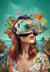 woman travel reality technology vr future glasses virtual digital space abstract. Generative AI.