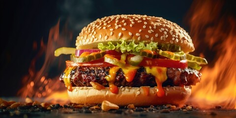 Perfect smash burger with flames in the background. Geneative AI. - obrazy, fototapety, plakaty