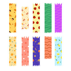 Fototapeta premium Set of colorful, vector stripes, pieces of sticky paper or tape with colored prints. Colored decorative ribbon to decorate mini stickers. Vector illustration.