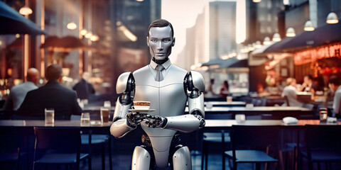 Robot android cyborg waiter serving new technology concept. Humanoid holding a cup of coffee, futuristic restaurant or office background. Generative AI