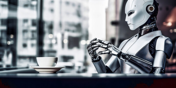 Robot android cyborg waiter serving new technology concept. Humanoid holding a cup of coffee, futuristic restaurant or office background. Generative AI
