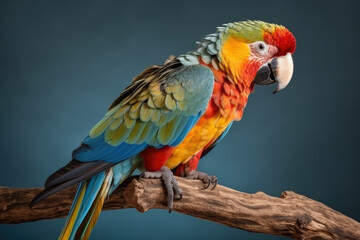 Fototapeta na wymiar Exotic Feathery Friend. Marvel at the stunning hues of the parrot, gracefully perched on a branch, against a blue background. Copy space. Nature concept AI Generative
