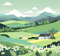 A rural landscape background of rolling hills and mountains. Fields, farm land and trees with a cottage or farmers house. Flowers in the foreground.