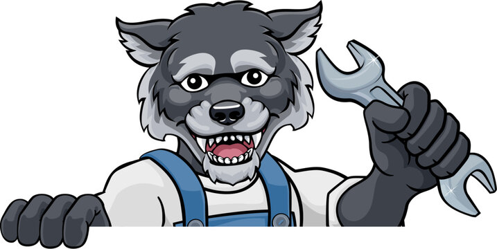 A wolf cartoon animal mascot plumber, mechanic or handyman builder construction maintenance contractor peeking around a sign holding a spanner or wrench