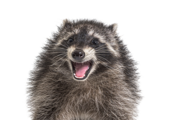 Portrait of a young raccoon mouth open. Weird expression