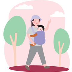 Mother Carrying Baby and Walking in the Park