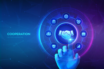 Cooperation, Partnership technology concept on virtual screen. Business partnership. Global cooperation network. Internet communication. Teamwork. Hand touching digital interface. Vector illustration.