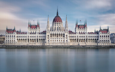 Fototapeta na wymiar The Hungarian Parliament Building From The Opposite Side of The Danube River. Long Exposure.