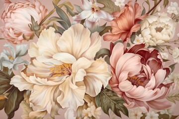 peony leaf delicate watercolor background flower textile wallpaper design illustration seamless. Generative AI.