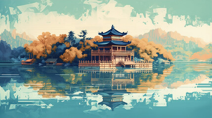 Obraz premium Ancient Architecture in Chinese Style Painting,created with Generative AI tecnology.