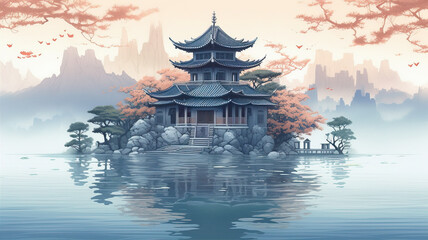 Ancient Architecture in Chinese Style Painting,created with Generative AI tecnology.
