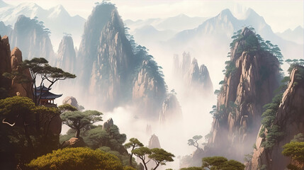 Ancient Architecture in Chinese Style Painting,created with Generative AI tecnology.
