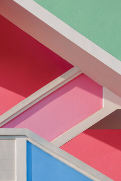 Colorful concrete railing of zig zag staircase in vertical frame