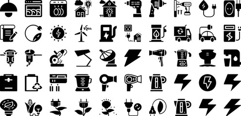 Electric Icon Set Isolated Silhouette Solid Icons With Energy, Electric, Power, Sign, Electricity, Icon, Symbol Infographic Simple Vector Illustration