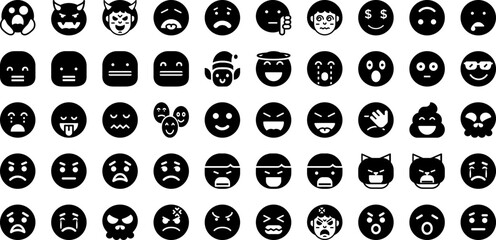 Emoticon Icon Set Isolated Silhouette Solid Icons With Vector, Symbol, Face, Emoticon, Emoji, Icon, Emotion Infographic Simple Vector Illustration