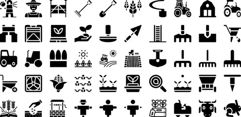 Farming Icon Set Isolated Silhouette Solid Icons With Tractor, Harvest, Icon, Farm, Agriculture, Symbol, Farming Infographic Simple Vector Illustration