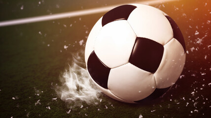 Fototapeta premium Black and whithe soccer ball on green grass ai generative