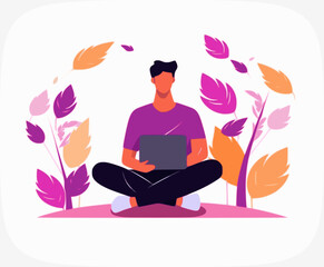 Young man outdoor with laptop vector illustration. Male model sitting on grass cartoon character. Guy using PC for study, work, leisure flat drawing. Freelance, remote job, studying design element