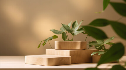 Empty wooden product display podiums with foliage and bespoke, modern minimalist background with warm, earthy tones. Presentation showcase backdrop for beauty, home, or body products. AI Generative. 