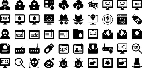 Hacker Icon Set Isolated Silhouette Solid Icons With Internet, Vector, Crime, Cyber, Security, Computer, Hacker Infographic Simple Vector Illustration