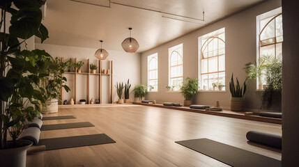 Serene Yoga Studio Interior with Natural Elements (generative AI)
