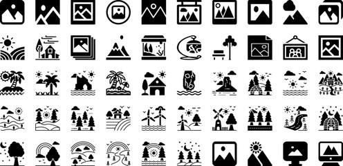 Landscape Icon Set Isolated Silhouette Solid Icons With Icon, Illustration, Vector, Landscape, Tree, Symbol, Nature Infographic Simple Vector Illustration