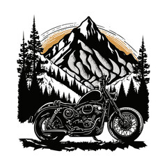Holliday road trip by motorbike. A motorbike trip to the mountains. Visit a nature park or reserve. cartoon vector illustration, white background, label, sticker, t-shirt design