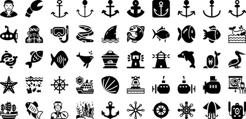 Marine Icon Set Isolated Silhouette Solid Icons With Icon, Marine, Set, Sea, Vector, Ocean, Illustration Infographic Simple Vector Illustration