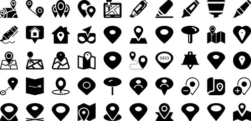 Marker Icon Set Isolated Silhouette Solid Icons With Marker, Location, Sign, Symbol, Pin, Icon, Map Infographic Simple Vector Illustration